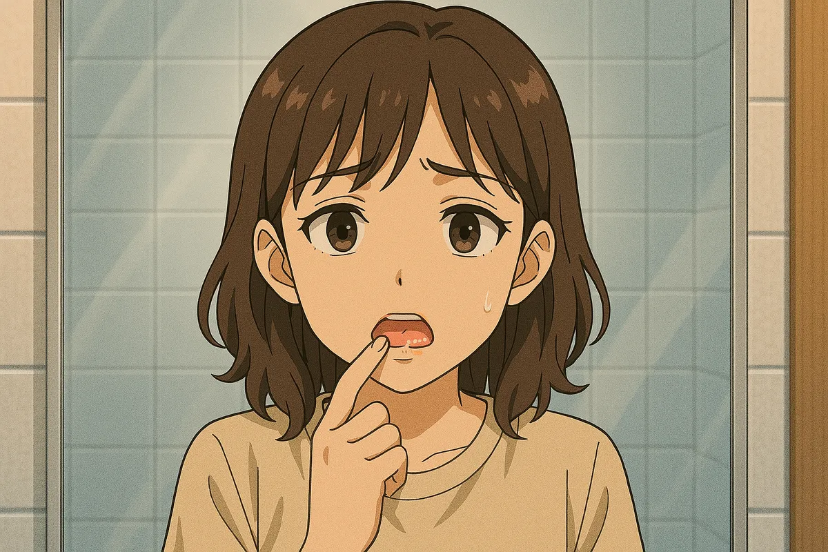 鏡で唇を確認する女性